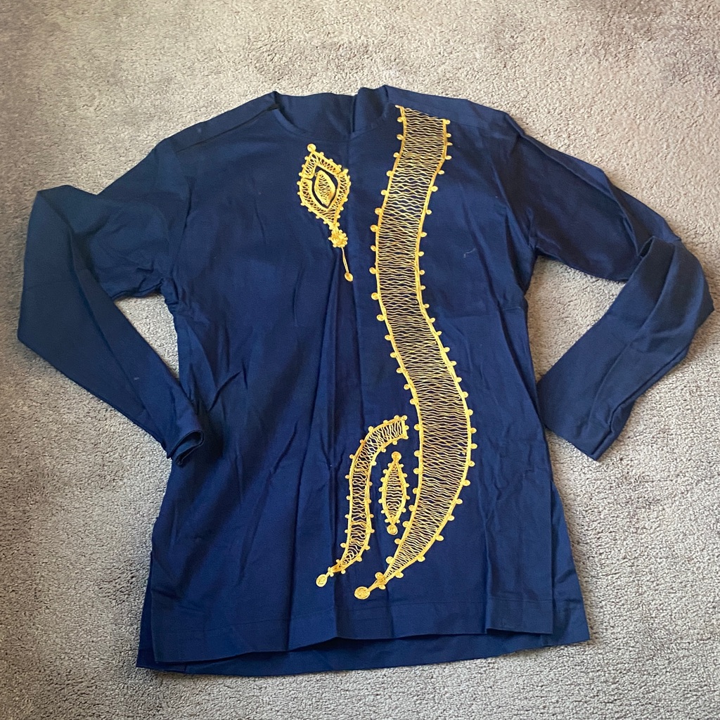 Navy Blue Gold Embroidered African Dashiki Tunic Top Long Sleeve Size L